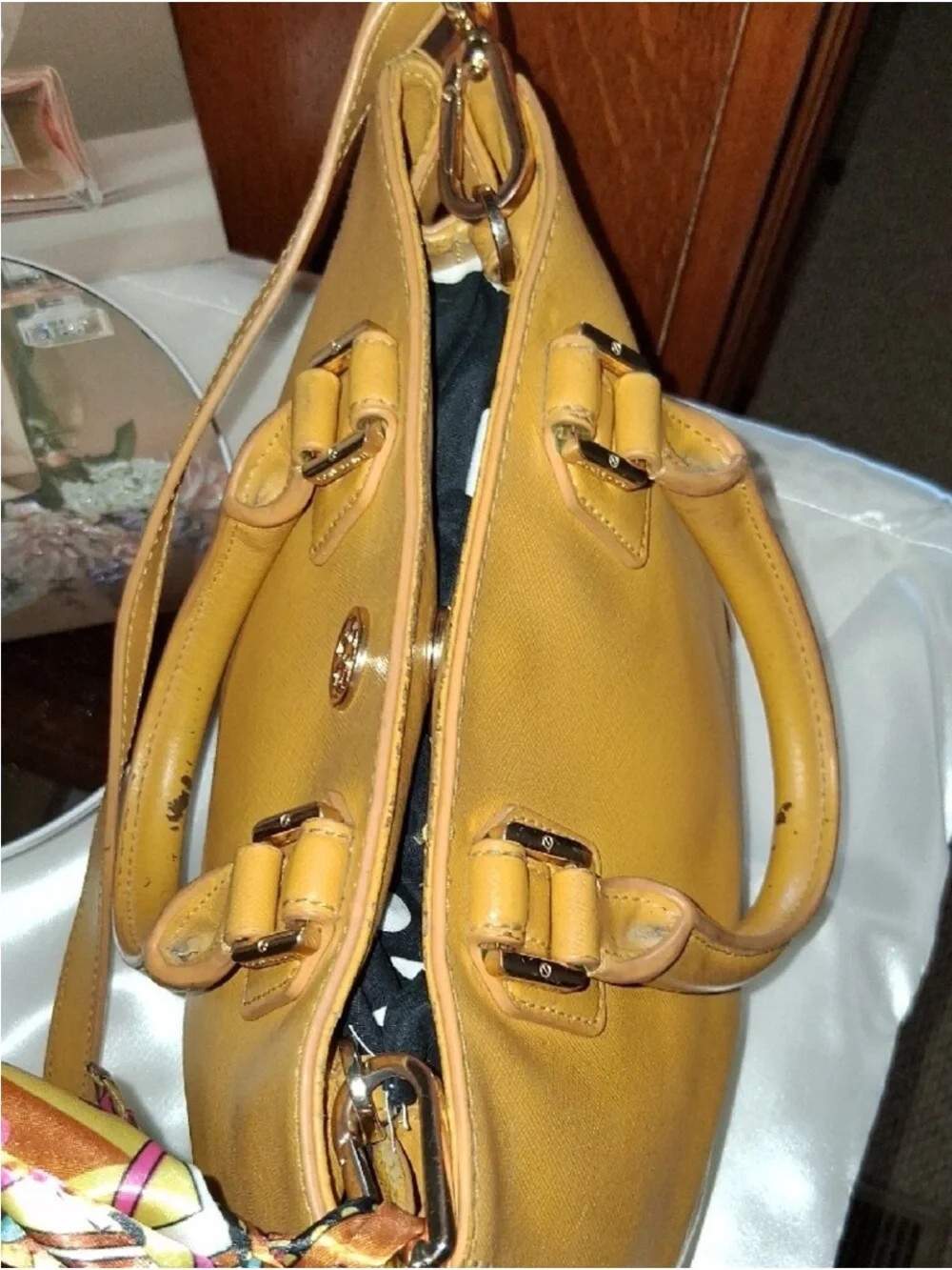 Tory Burch Yellow Leather Shoulder Tote with Patterned Scarf Accent